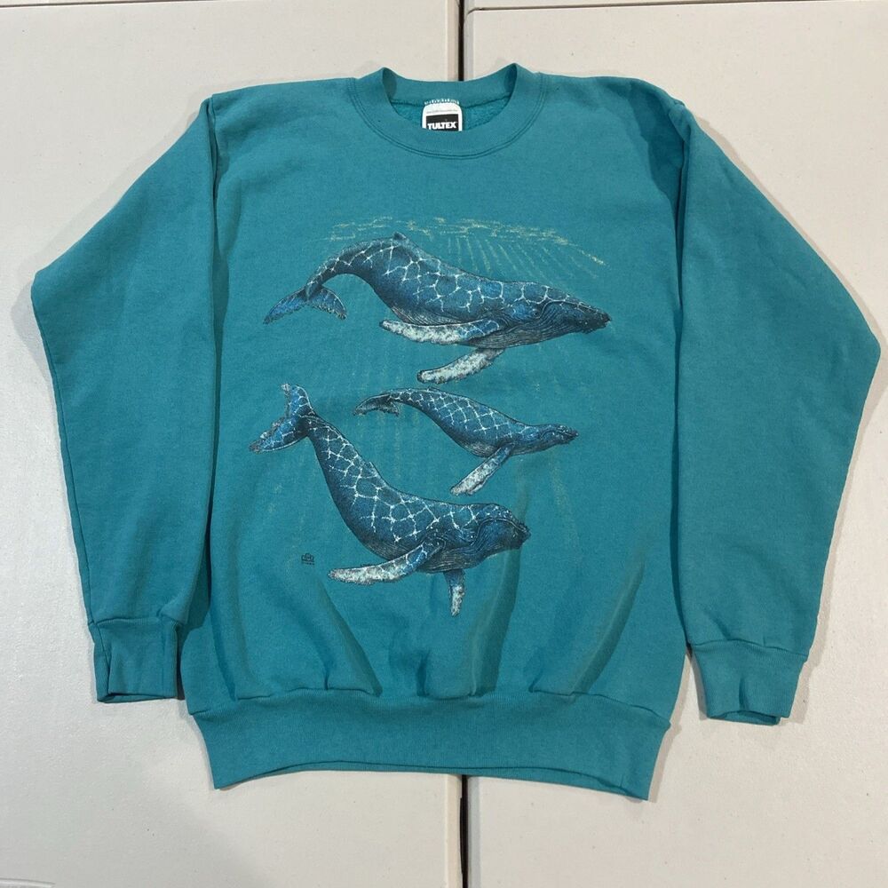 Vintage Tultex Whale Sweatshirt Mens L Blue Fleece Ocean Graphic Made USA